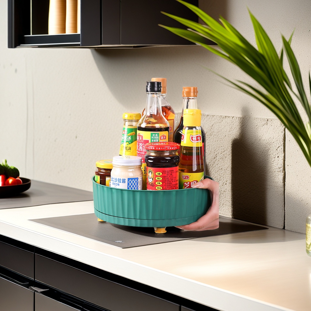 Green circular rotating seasoning rack for storing multiple bottles of seasonings in the kitchen