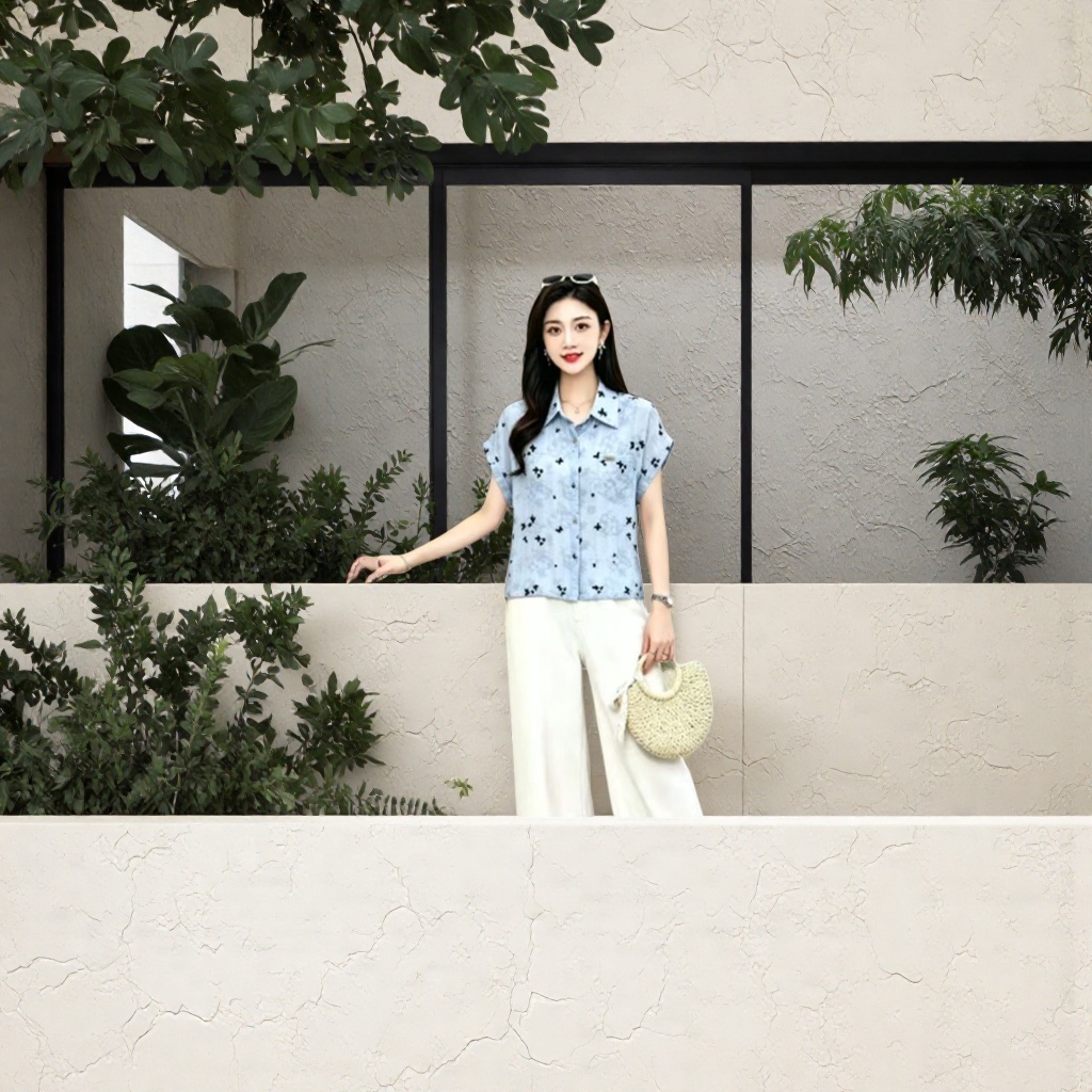 A light blue butterfly print short-sleeved shirt for women, a fashionable and slimming top Application Scenario