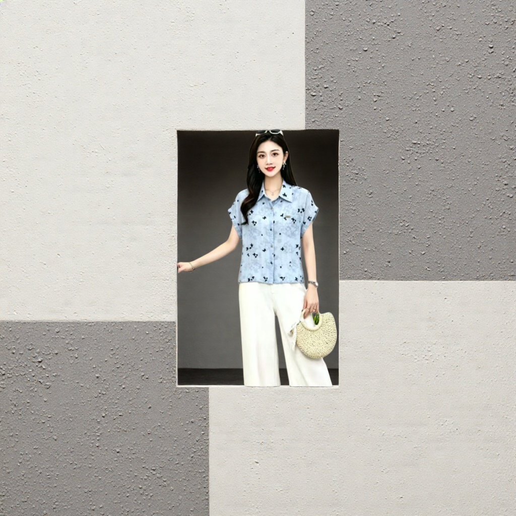 A light blue butterfly print short-sleeved shirt for women, a fashionable and slimming top