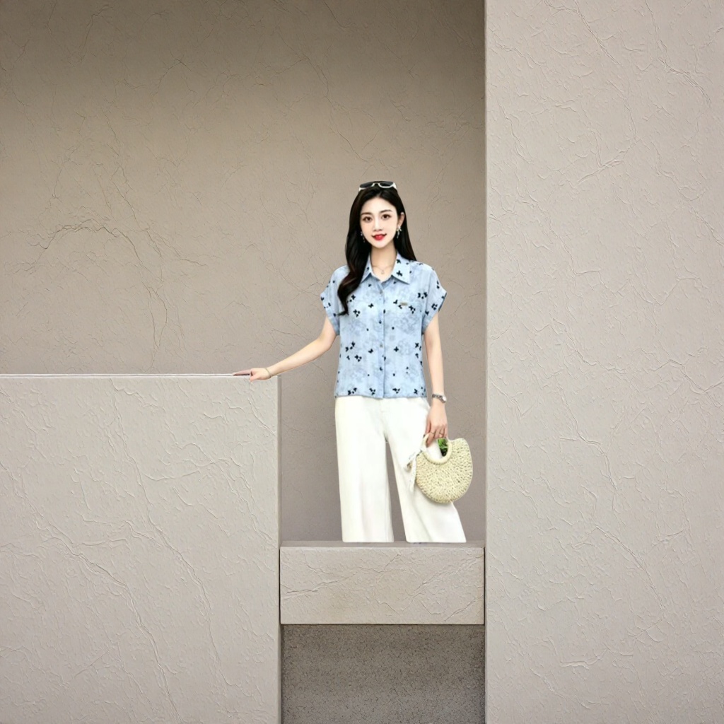 A light blue butterfly print short-sleeved shirt for women, a fashionable and slimming top details Picture
