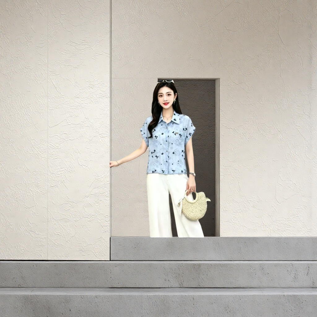 A light blue butterfly print short-sleeved shirt for women, a fashionable and slimming top Specification image