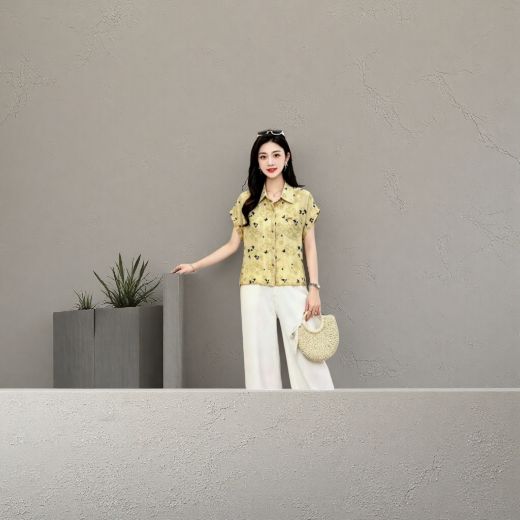 Yellow butterfly short-sleeved shirt women's casual top details Picture
