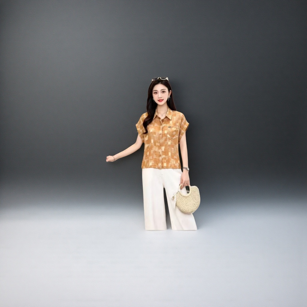 A fashionable and casual women's short-sleeved shirt with orange geometric patterns Application Scenario