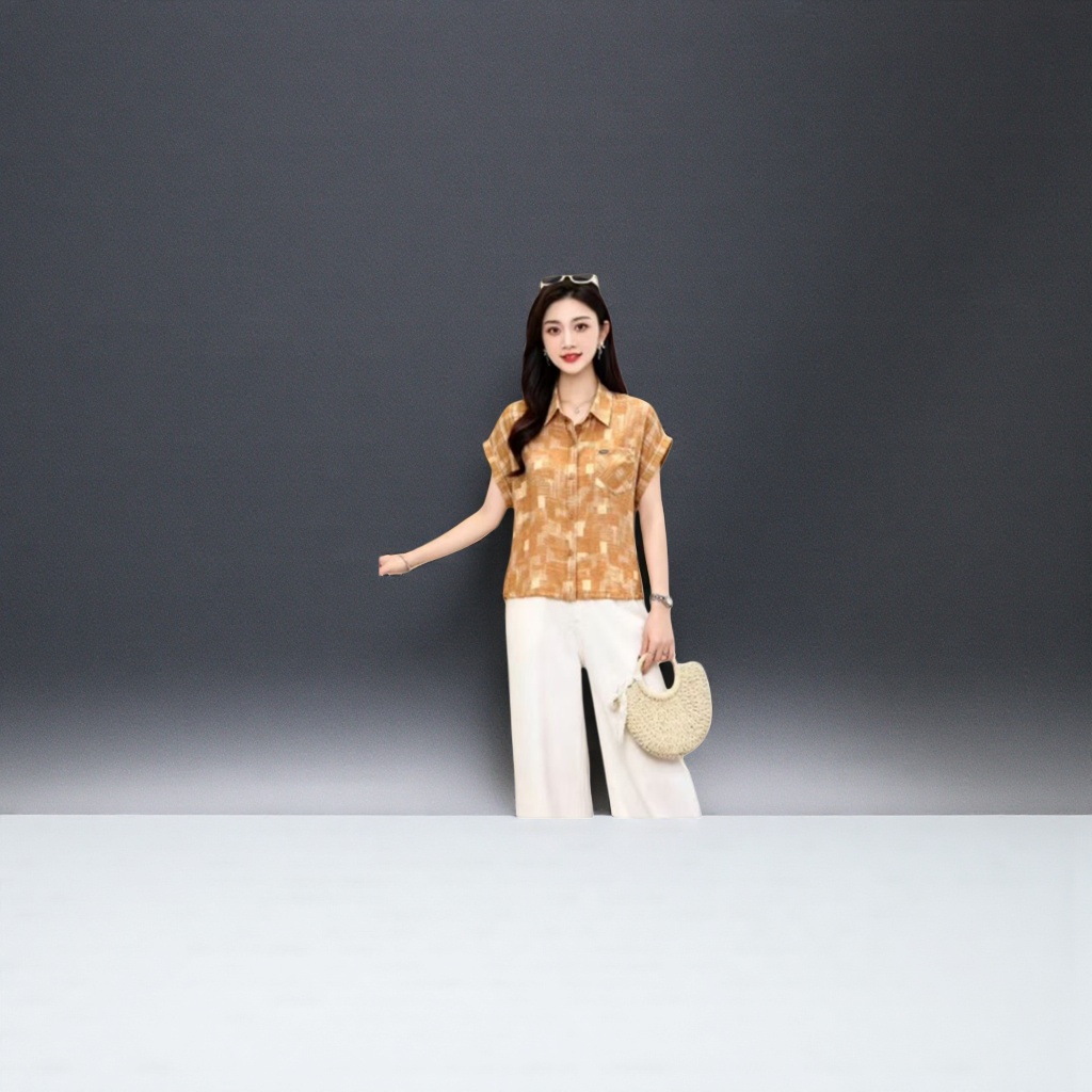 A fashionable and casual women's short-sleeved shirt with orange geometric patterns details Picture