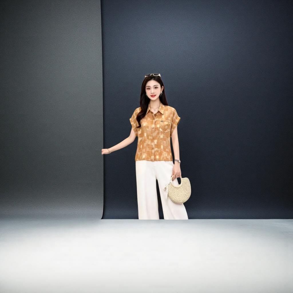 A fashionable and casual women's short-sleeved shirt with orange geometric patterns Specification image