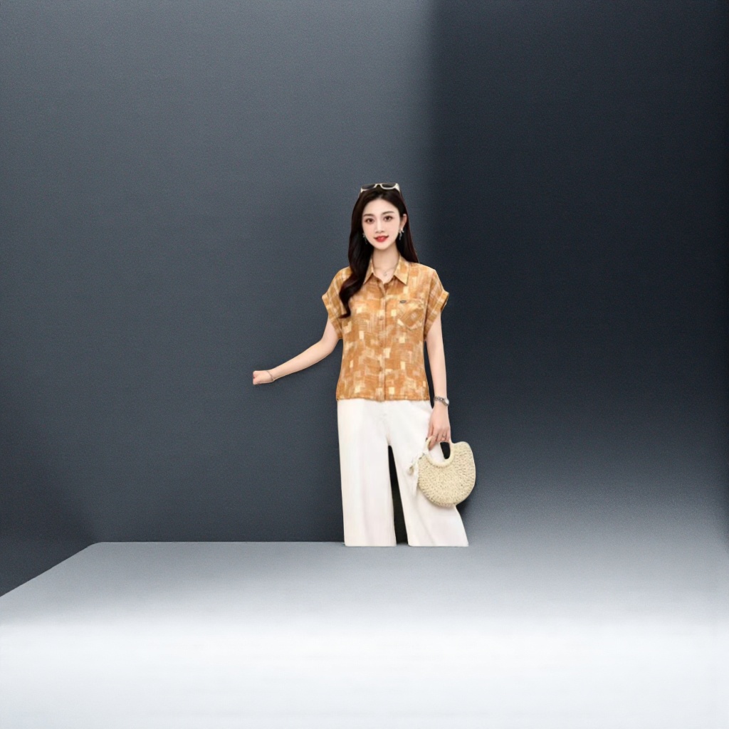 A fashionable and casual women's short-sleeved shirt with orange geometric patterns