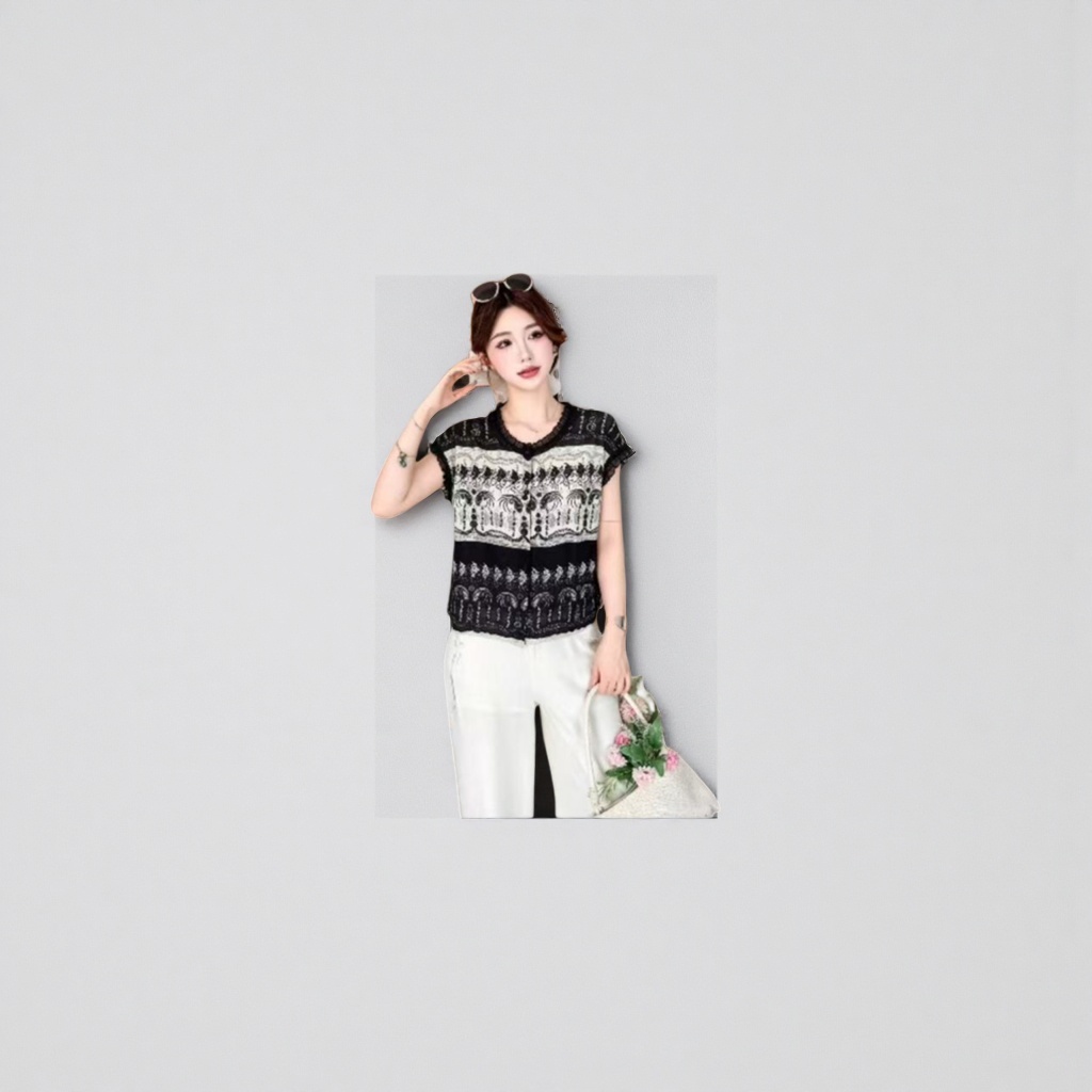Black and white patterned short-sleeved top for women's summer fashion, slimming and shaping Application Scenario