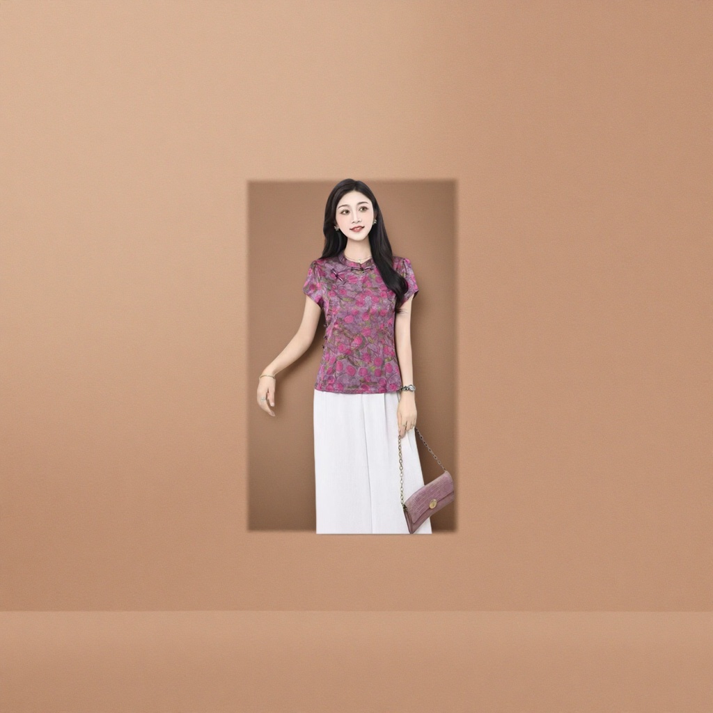 紫色荔枝花旗袍领短袖上衣女时尚修身显瘦