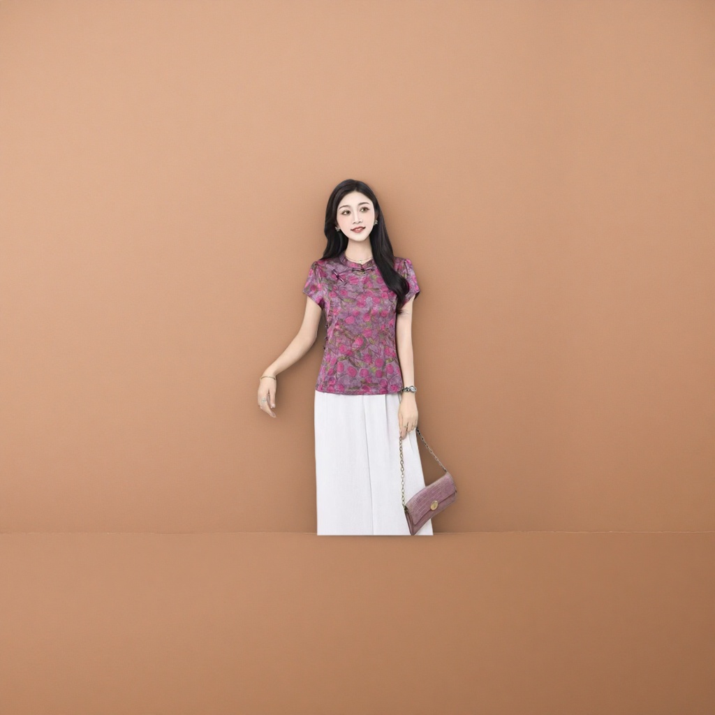 Purple lychee flower cheongsam collar short-sleeved top for women is fashionable, slimming and figure-hugging details Picture
