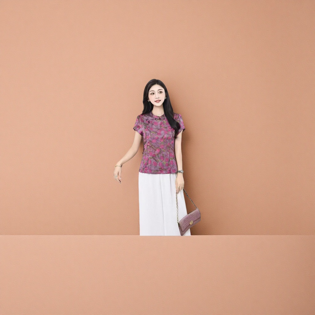 Purple lychee flower cheongsam collar short-sleeved top for women is fashionable, slimming and figure-hugging Application Scenario