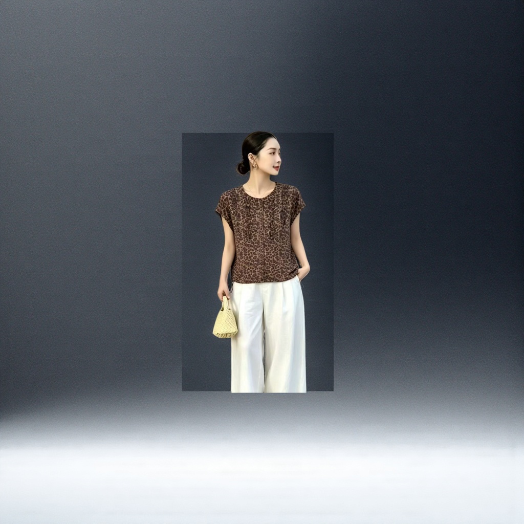 A leopard print short-sleeved top for women's summer wear is casual and slimming