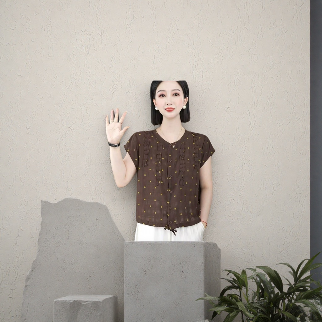 A brown polka dot ruffled short-sleeved top for women in a fresh and sweet summer style details Picture