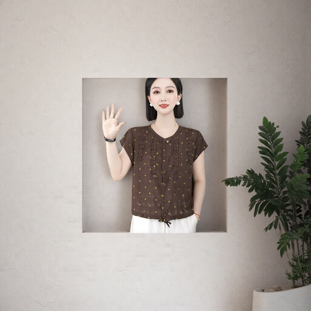 A brown polka dot ruffled short-sleeved top for women in a fresh and sweet summer style Specification image