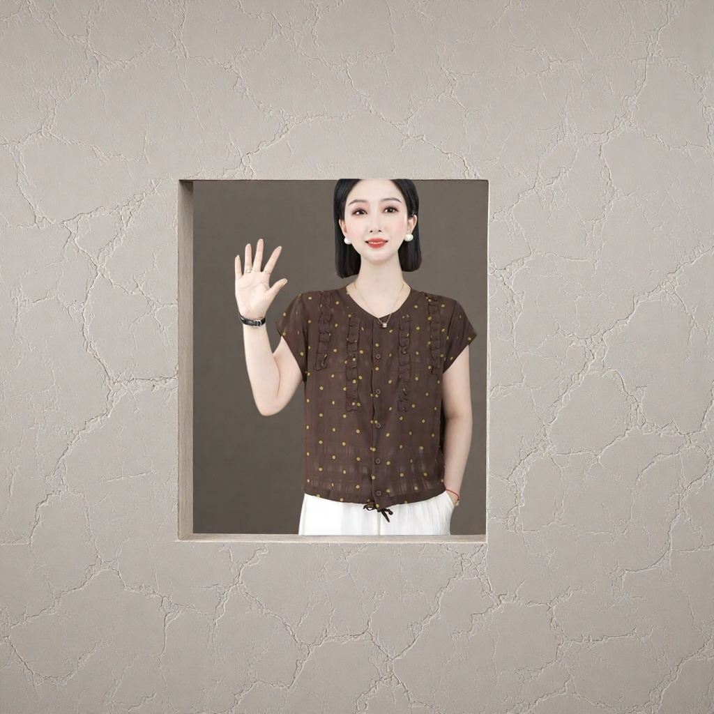 A brown polka dot ruffled short-sleeved top for women in a fresh and sweet summer style Application Scenario