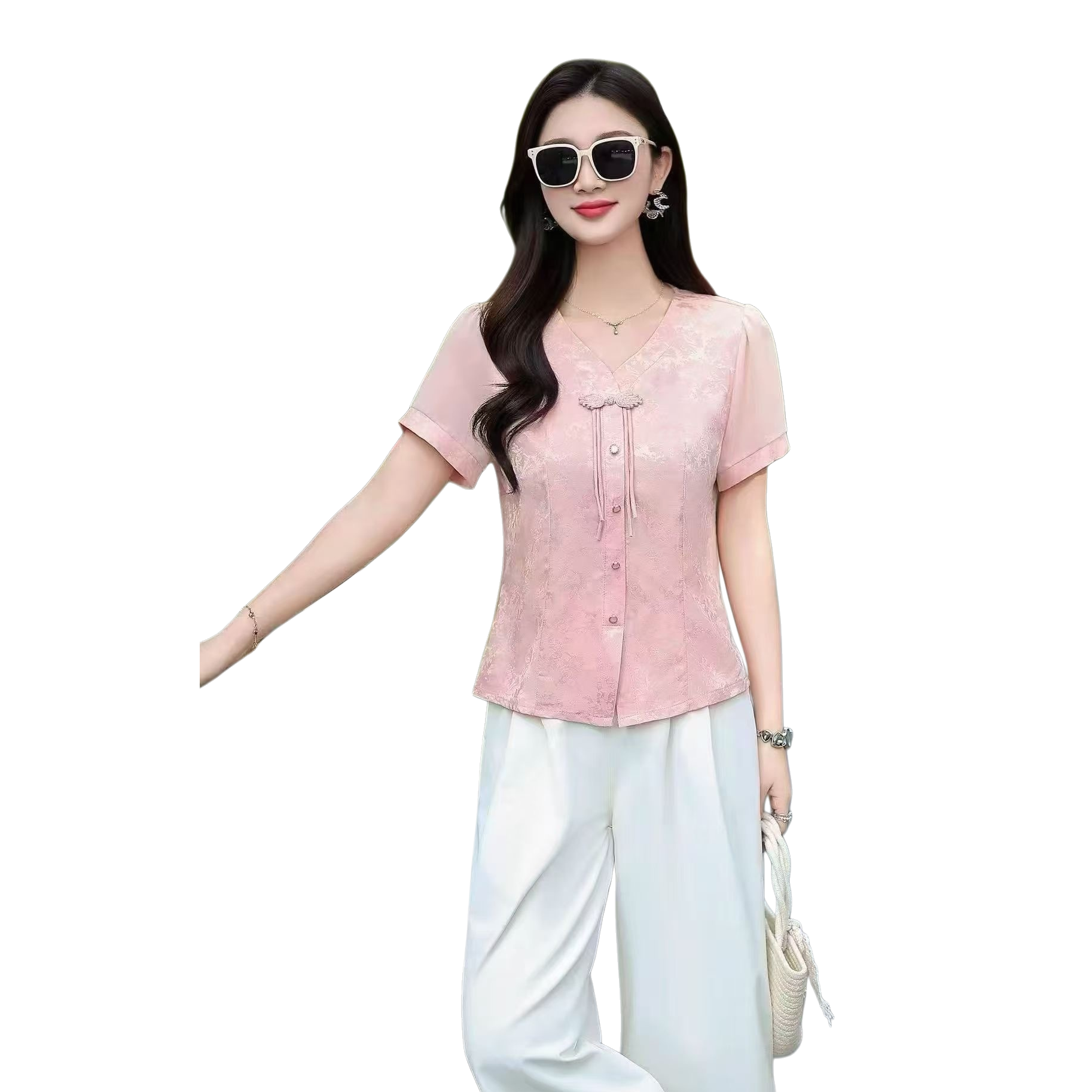 اللون الوردي V في قمصان قصيرة الأكمام قصيرة Item Picture