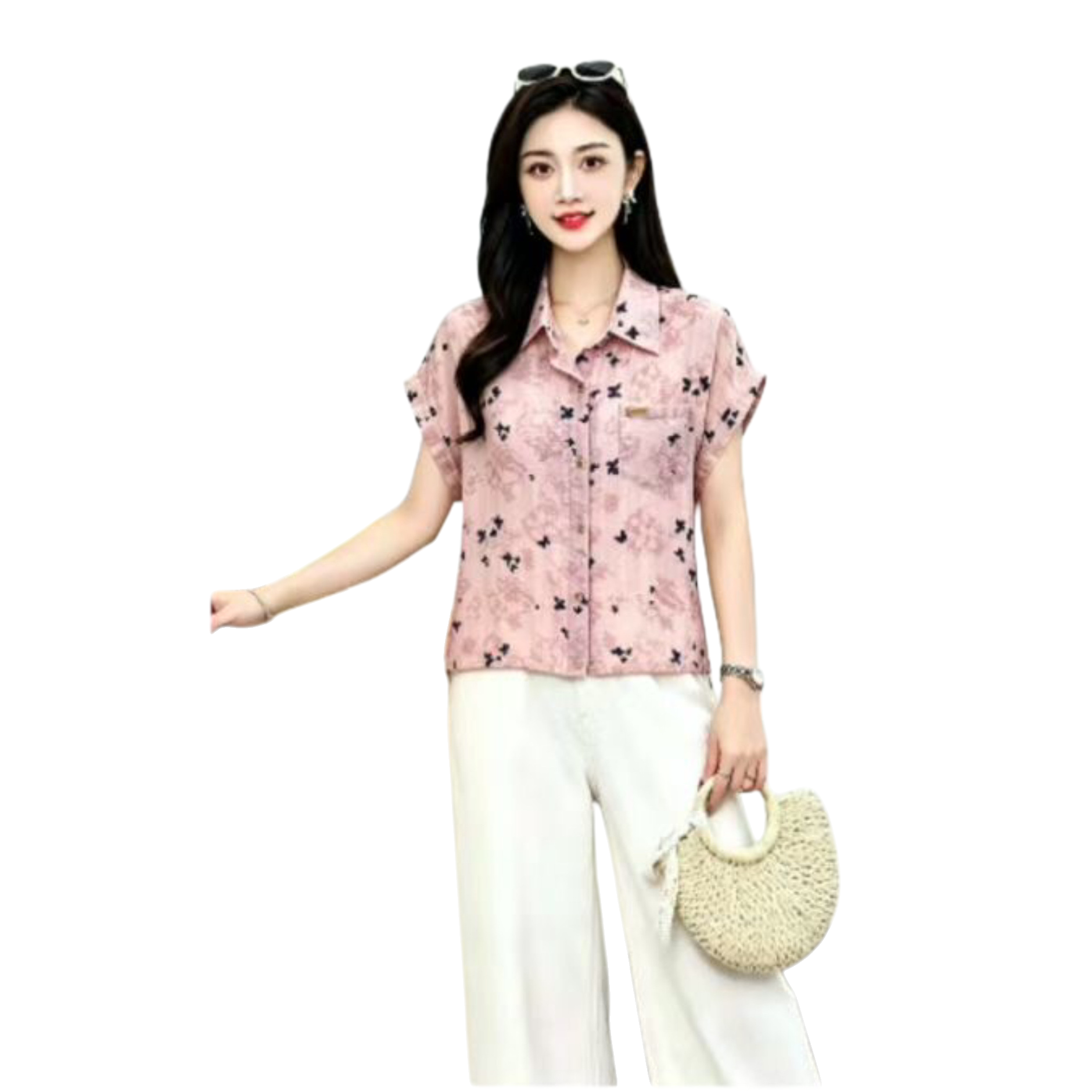 Pink butterfly print short-sleeved shirt for women, a fashionable and slimming top Item Picture