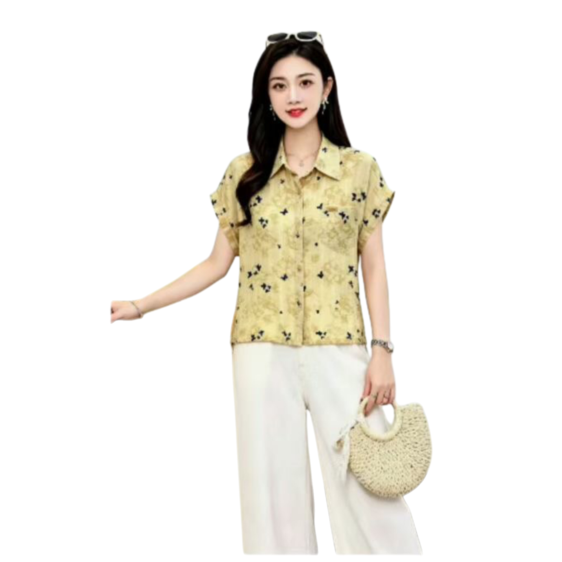Yellow butterfly short-sleeved shirt women's casual top Item Picture