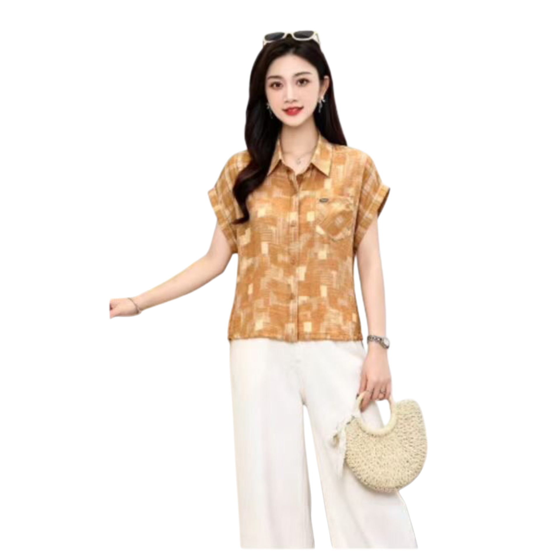 A fashionable and casual women's short-sleeved shirt with orange geometric patterns Item Picture