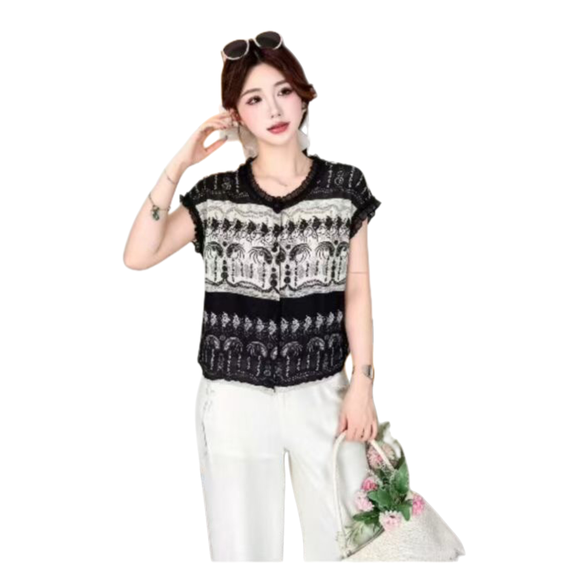 Black and white patterned short-sleeved top for women's summer fashion, slimming and shaping Item Picture