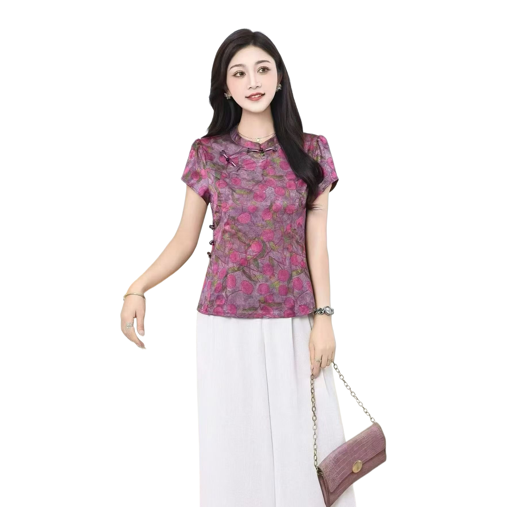 Purple lychee flower cheongsam collar short-sleeved top for women is fashionable, slimming and figure-hugging Item Picture
