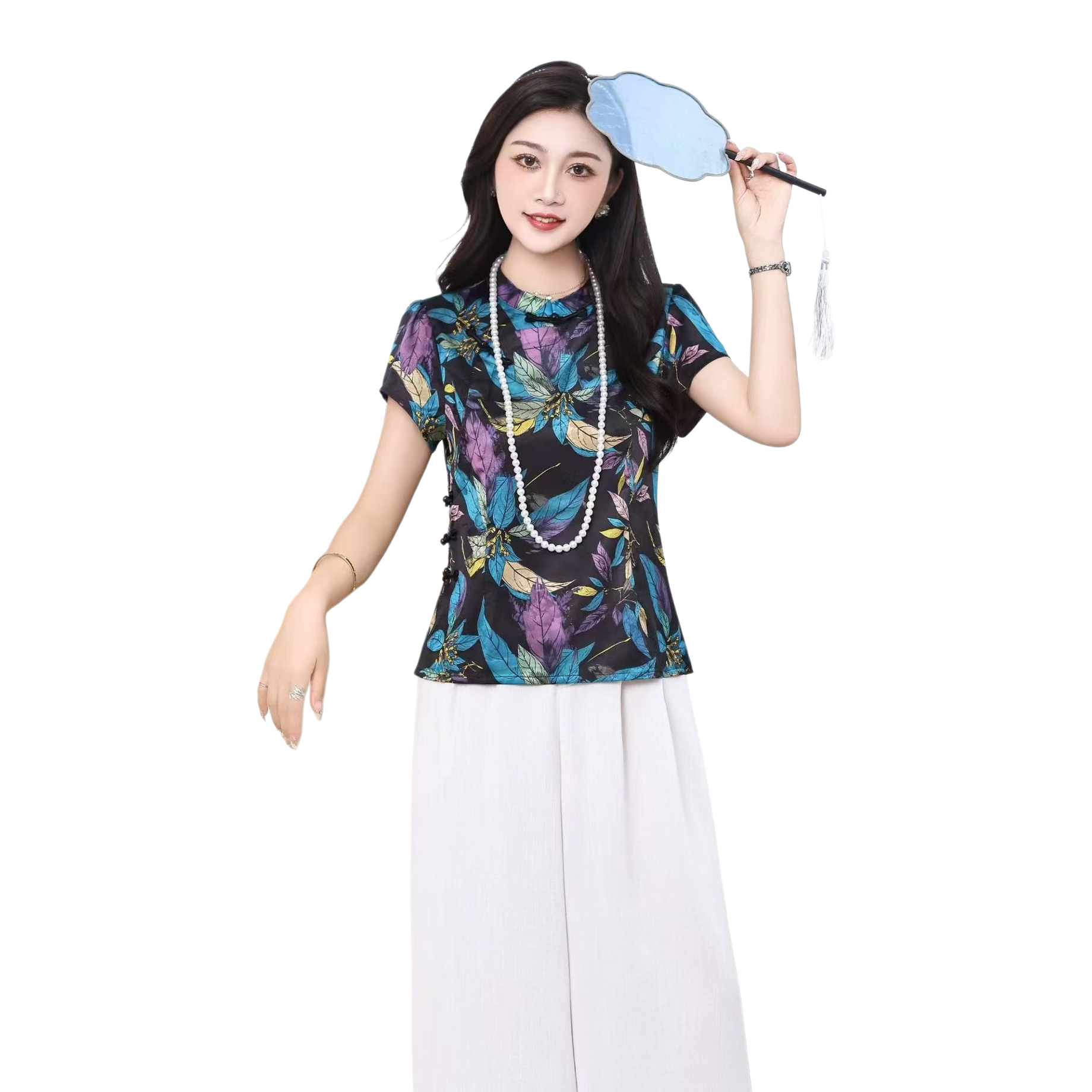 A colorful floral patterned cheongsam top is an elegant and slimming Chinese top for women Item Picture