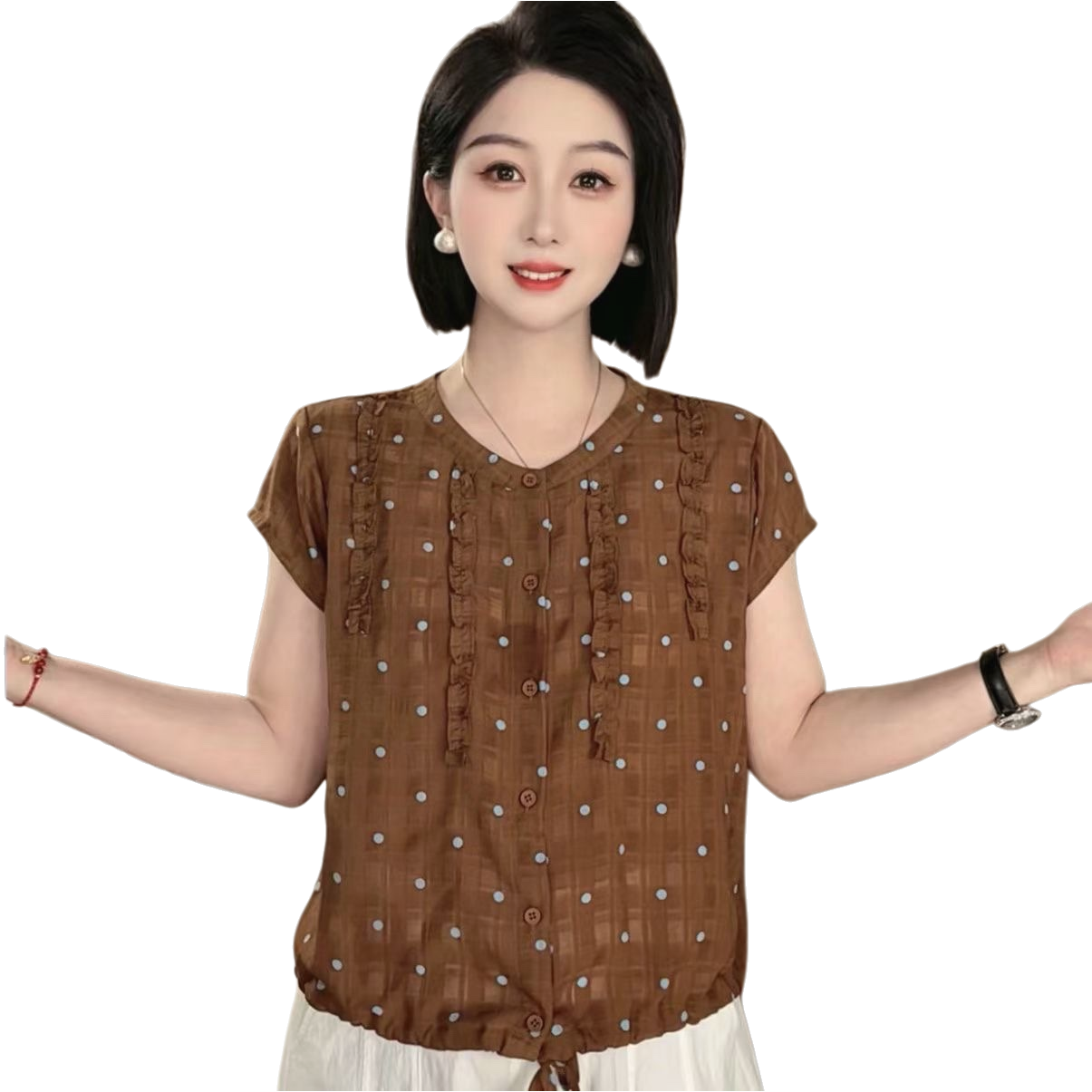 A new brown polka dot pleated short-sleeved top for women in summer, which is slimming and shaping Item Picture