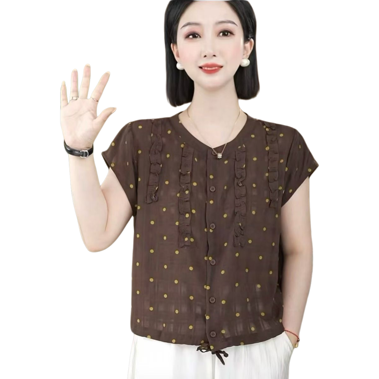 A brown polka dot ruffled short-sleeved top for women in a fresh and sweet summer style Item Picture