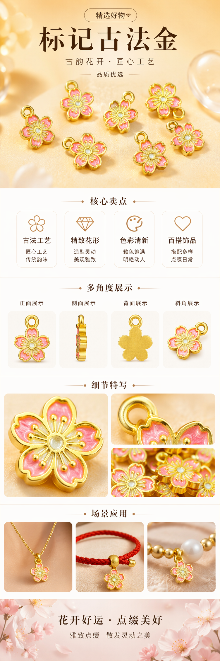 粉色樱花造型古法金吊坠 999足金精致轻奢女士项链详情1