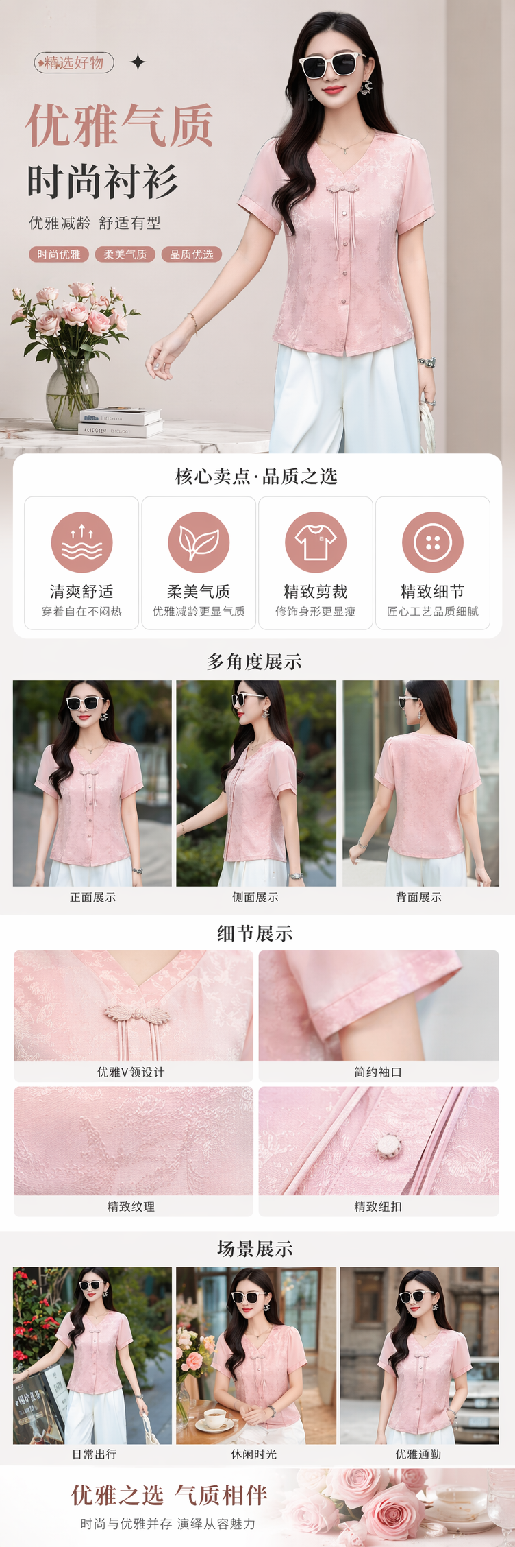 粉色V领短袖上衣女夏装详情1