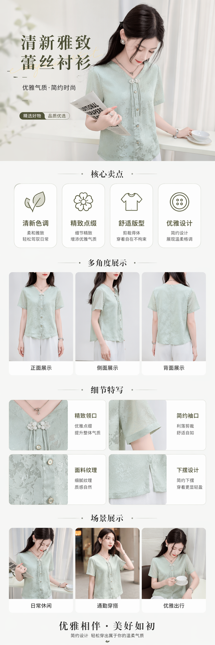 Light green patterned V-neck short-sleeved top, Chinese-style top pic 1