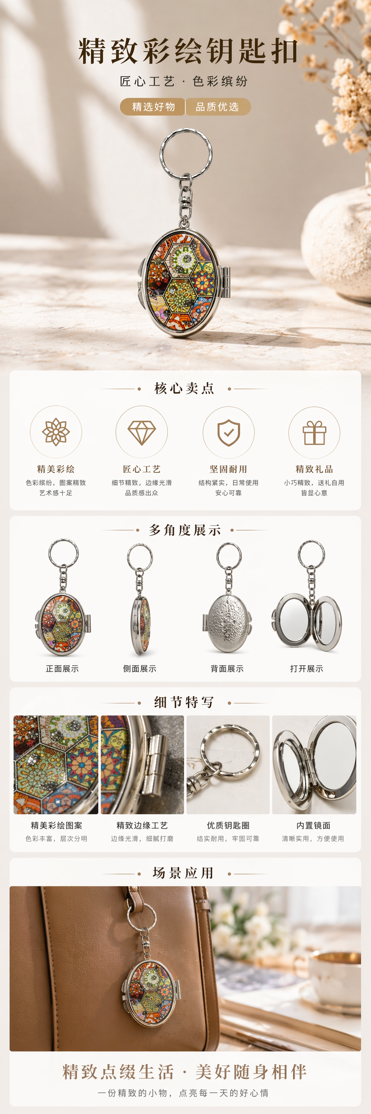 银色钥匙扣彩色拼贴图案小盒创意挂件便携化妆镜子详情1