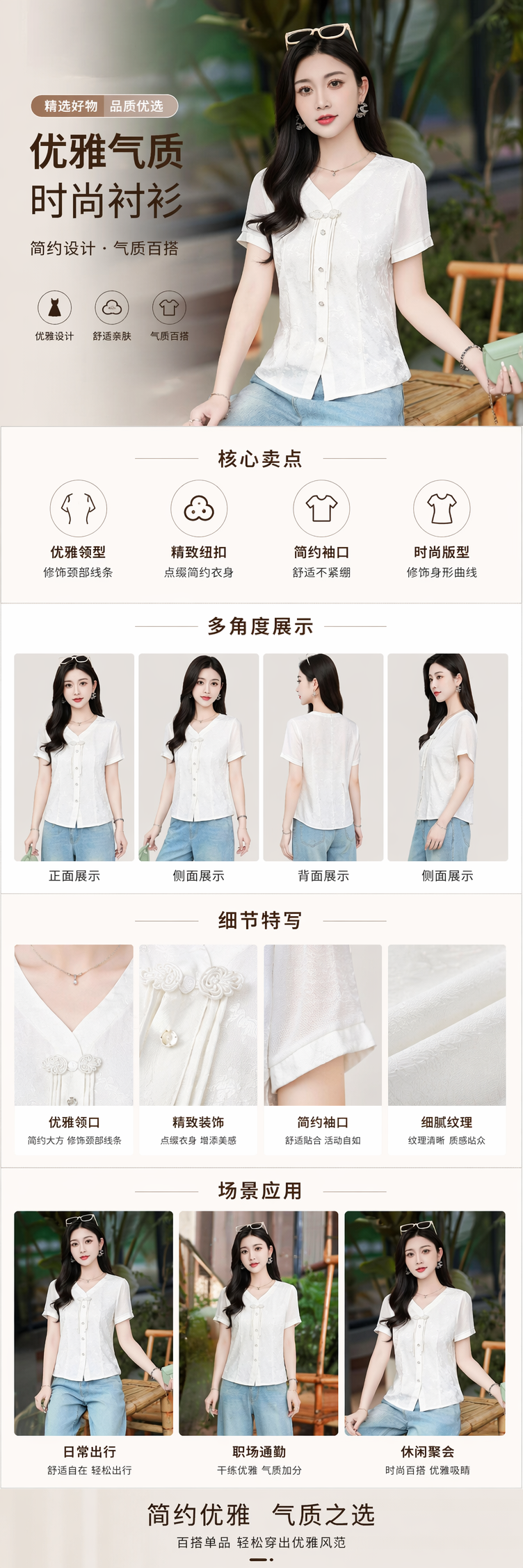 白色V领短袖上衣女修身显瘦纯棉T恤夏季新款详情1