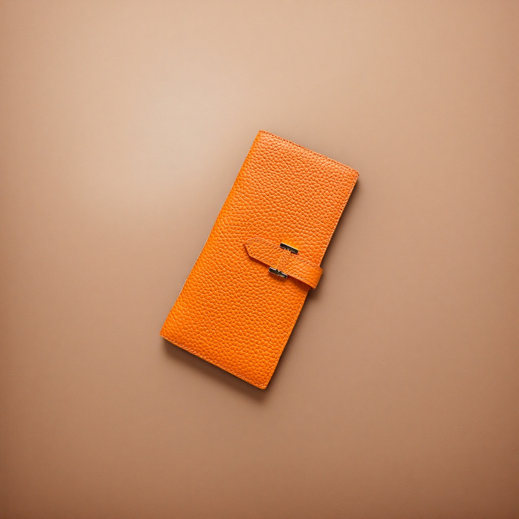 Orange textured leather wallet, a simple and fashionable short wallet for women details Picture