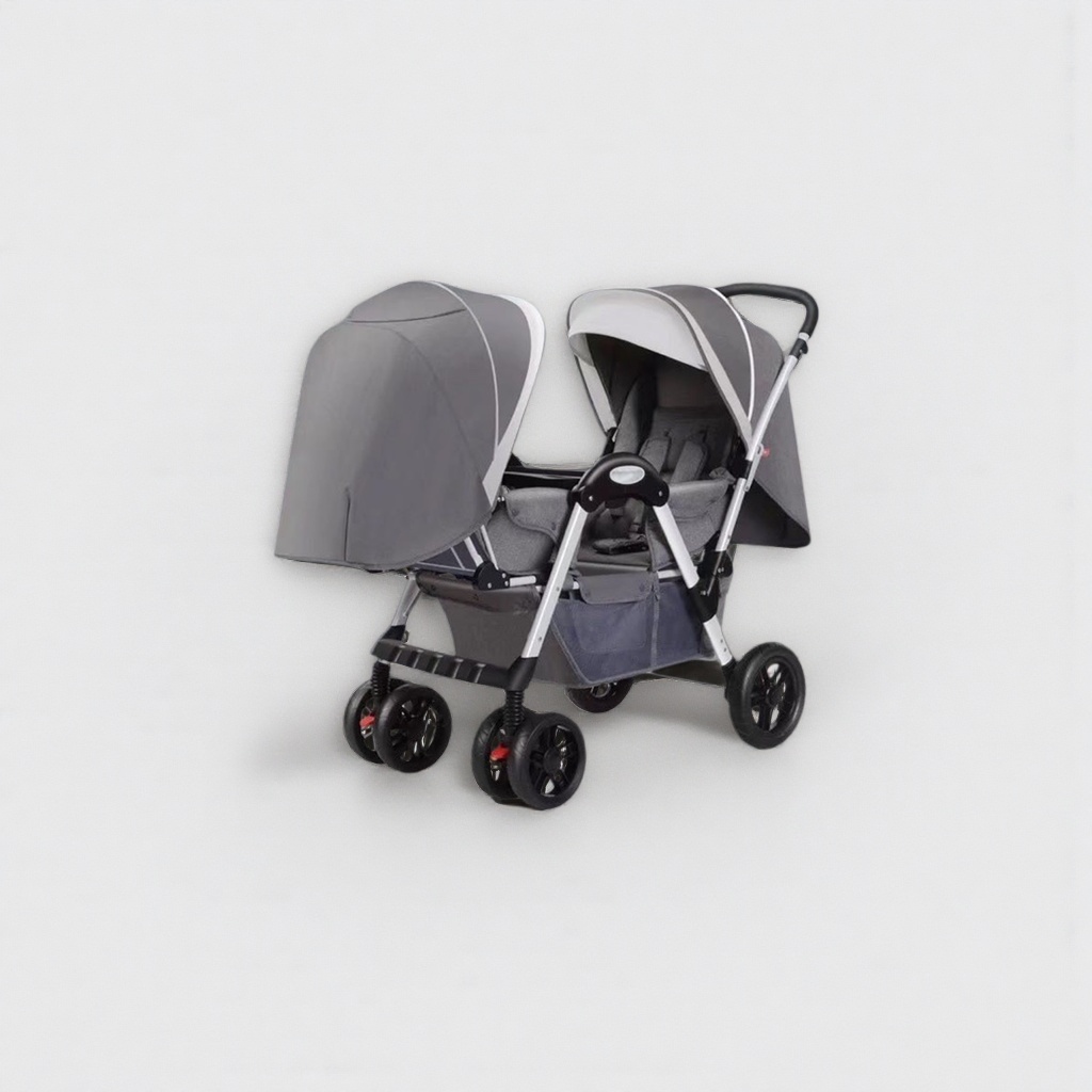 The grey twin baby stroller can be used for both sitting and lying down, and can be pushed in both directions. It is lightweight and foldable with a sunshade