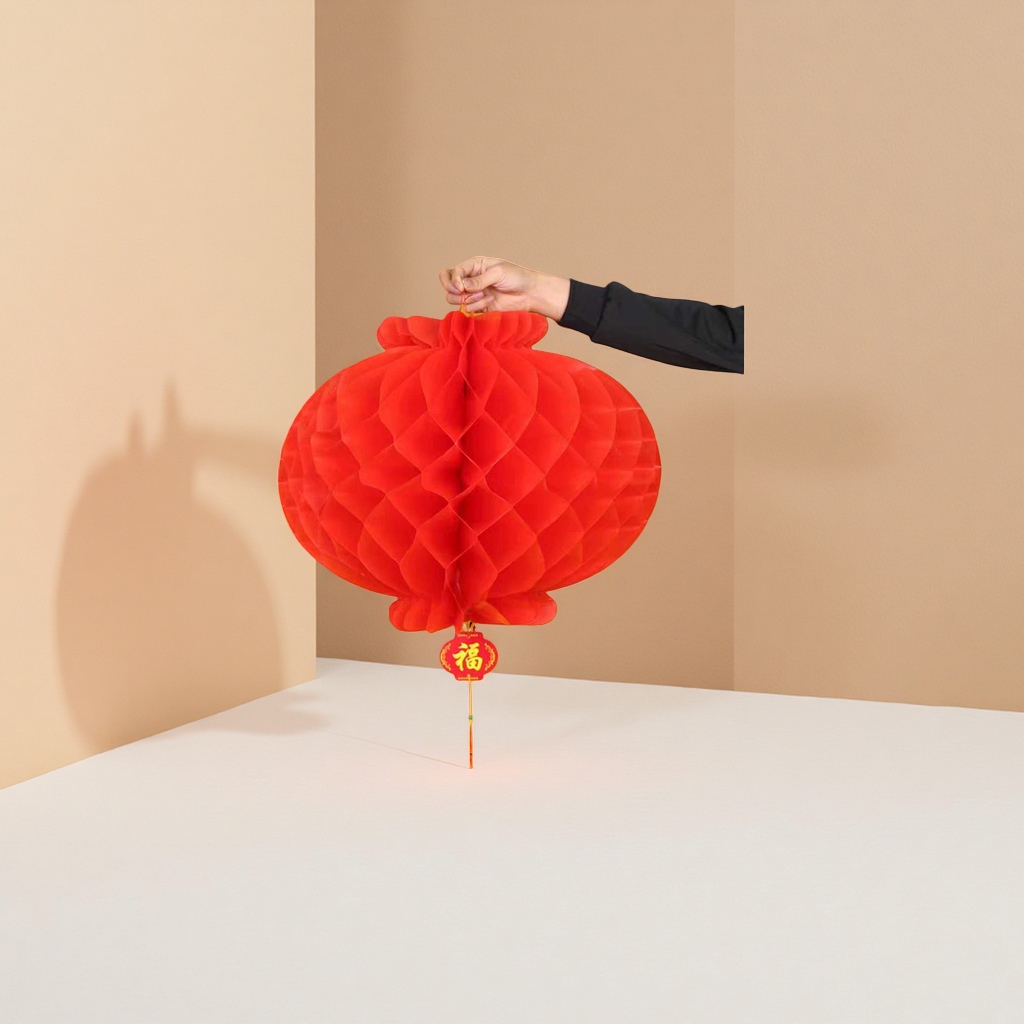 Red honeycomb paper lantern, hand-folded and extendable, festive decorative pendant details Picture