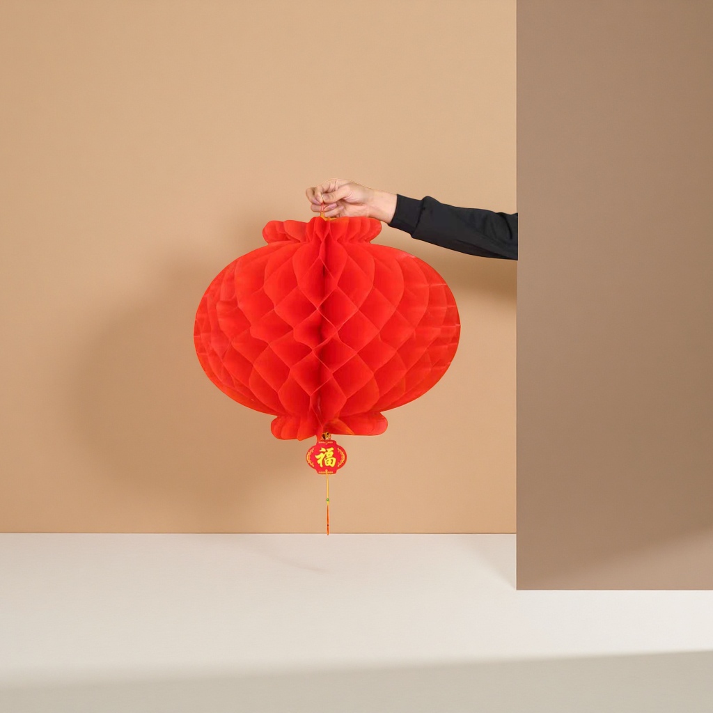Red honeycomb paper lantern, hand-folded and extendable, festive decorative pendant Specification image