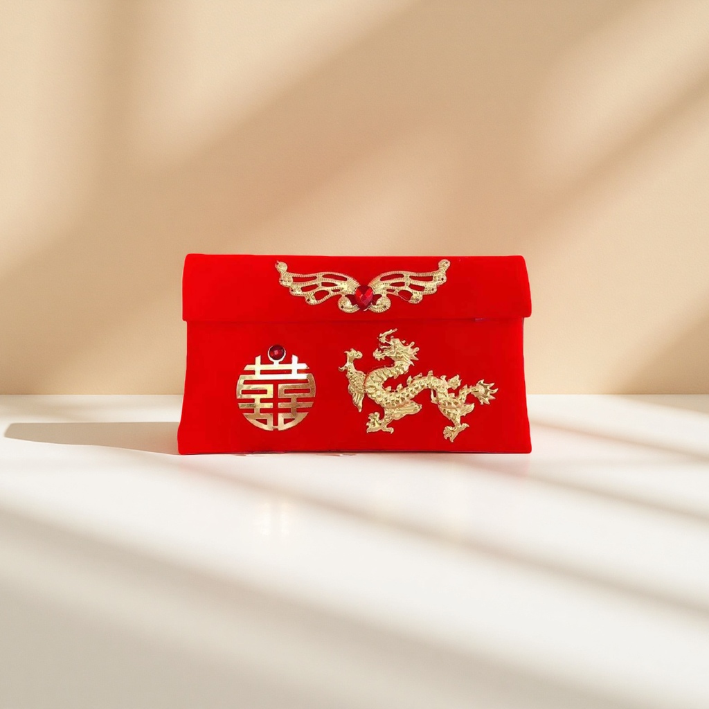 The red wedding invitation envelope is decorated with golden double happiness, golden dragon, golden wings and phoenix details Picture