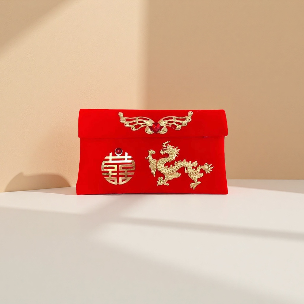 The red wedding invitation envelope is decorated with golden double happiness, golden dragon, golden wings and phoenix Specification image