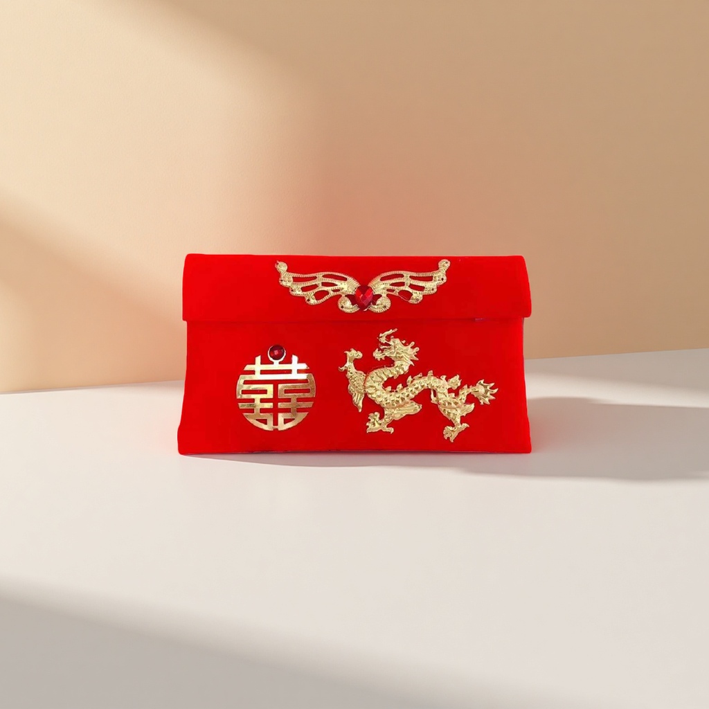 The red wedding invitation envelope is decorated with golden double happiness, golden dragon, golden wings and phoenix Application Scenario