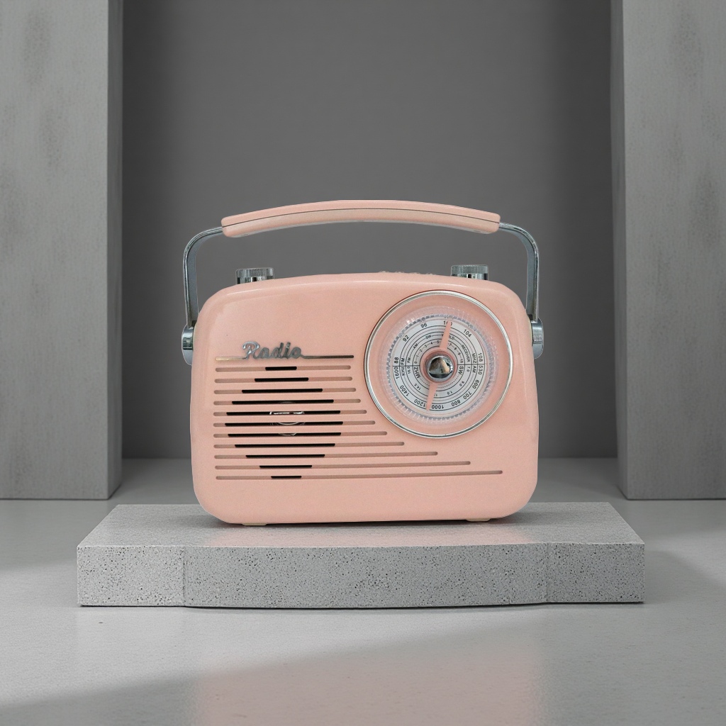 Pink retro radio, Bluetooth speaker, alarm clock with sound pickup function, wooden shell desktop decoration details Picture