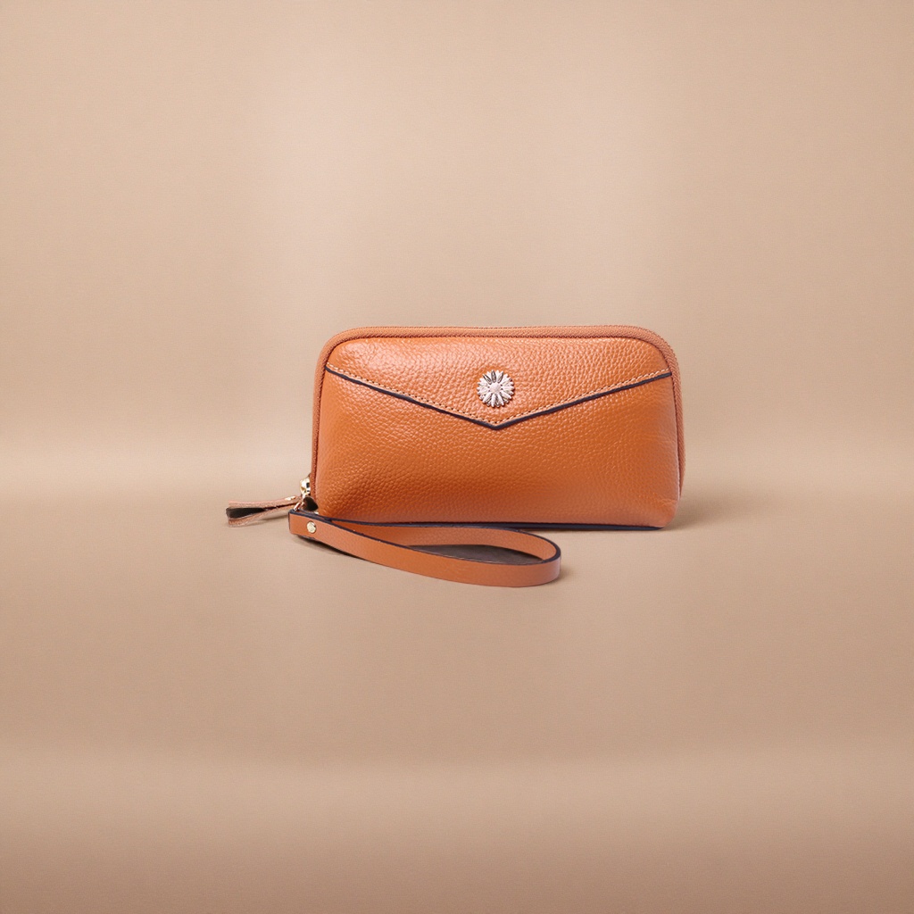 Brown genuine leather long wallet, unisex simple business casual style Specification image