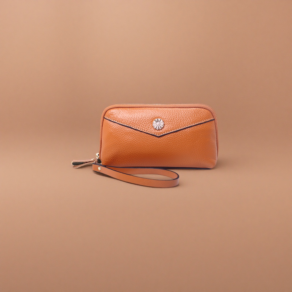 Brown genuine leather long wallet, unisex simple business casual style details Picture