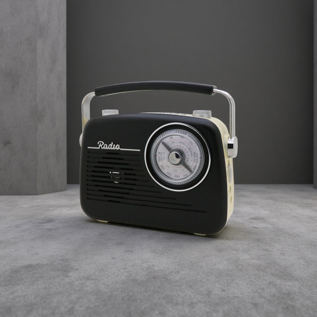 Black vintage radio, nostalgic Bluetooth speaker, wooden casing, FM receiver