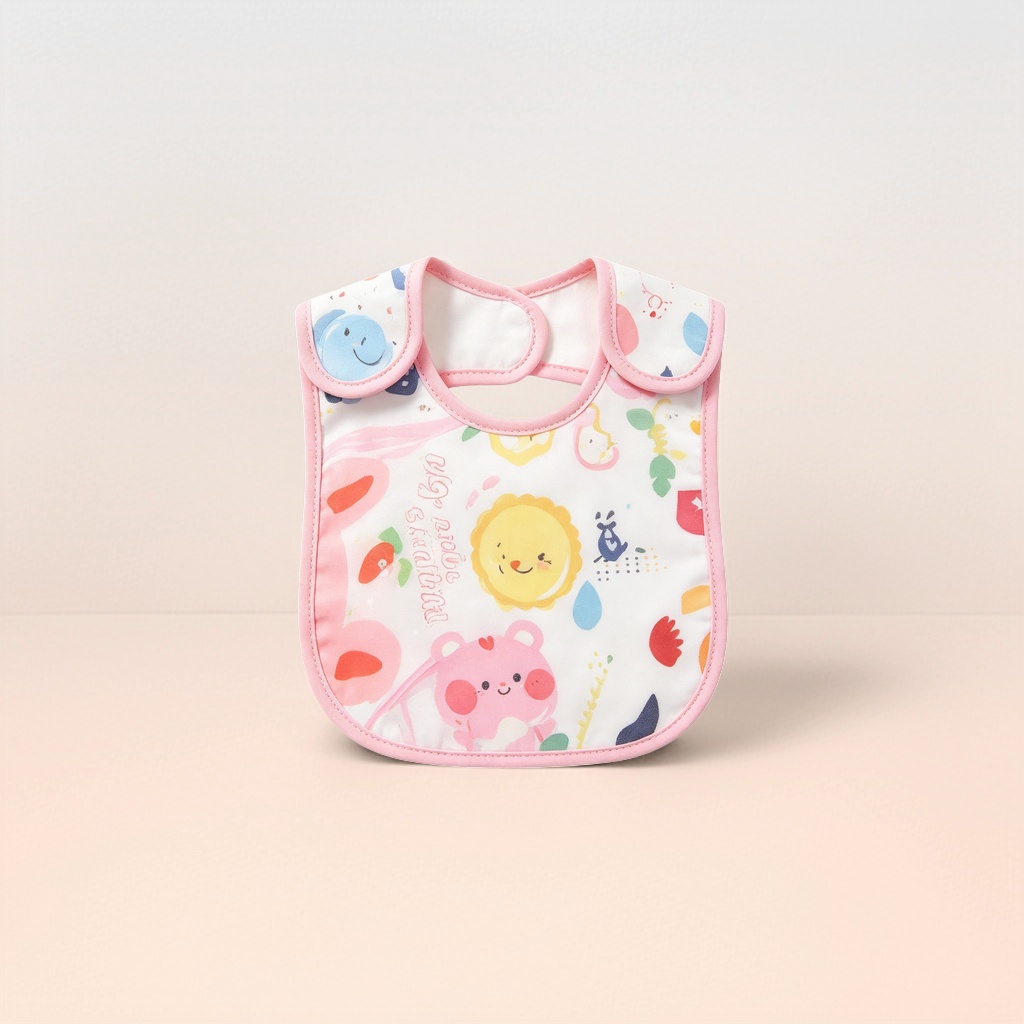 The pink-framed cartoon pattern baby bib is stain-resistant, waterproof and has adjustable straps details Picture