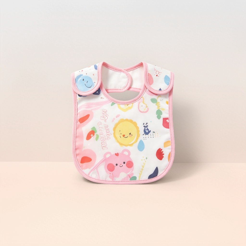 The pink-framed cartoon pattern baby bib is stain-resistant, waterproof and has adjustable straps Application Scenario