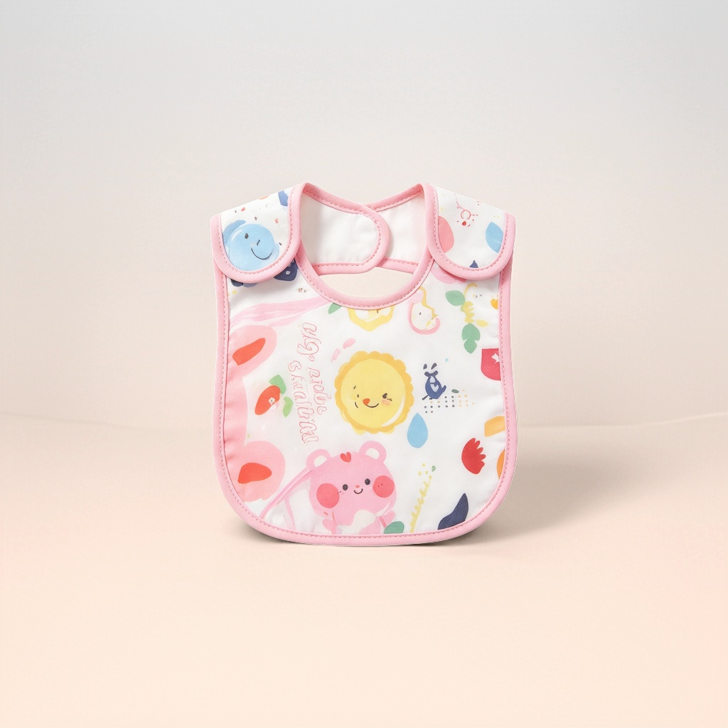 The pink-framed cartoon pattern baby bib is stain-resistant, waterproof and has adjustable straps