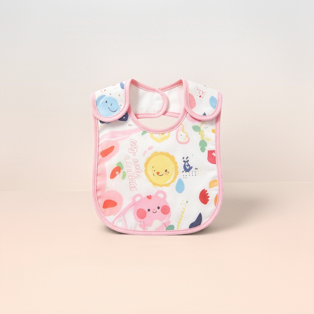 The pink-framed cartoon pattern baby bib is stain-resistant, waterproof and has adjustable straps Specification image