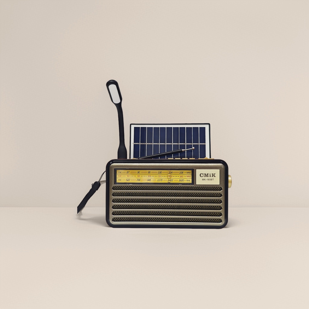 A golden vintage radio with solar panels and LED lights, integrating radio reception, playback and lighting Application Scenario