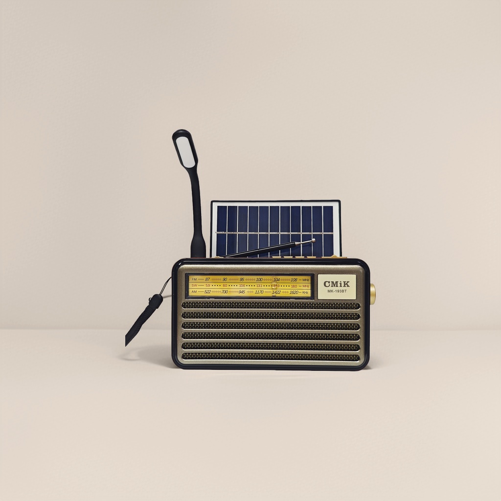 A golden vintage radio with solar panels and LED lights, integrating radio reception, playback and lighting Specification image