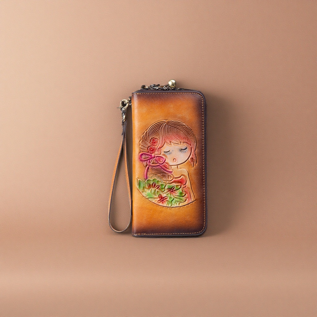 A simple and fashionable lady's wallet with a little girl pattern painted on the front of the brown leather wallet